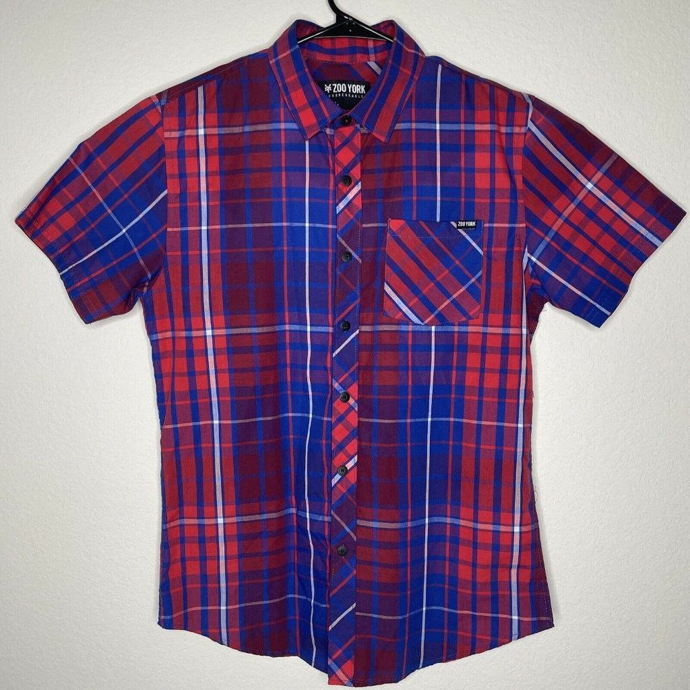 ZOO YORK Plaid Mens Sz M Red White Blue Button Down Collared Short Sleeve EUC